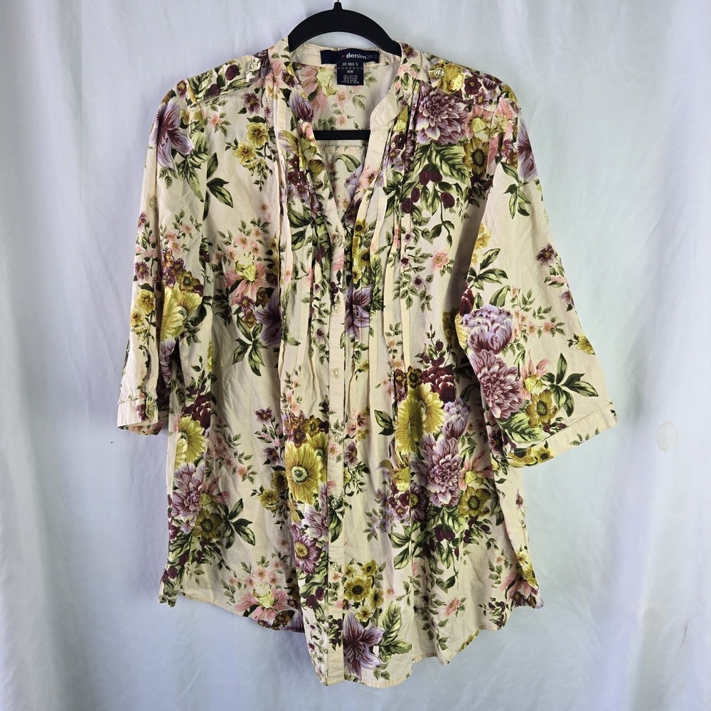 Denim 24/7 Blouse 16W Tunic‎ Floral Pintuck V Neck Button Front Half Sleeve